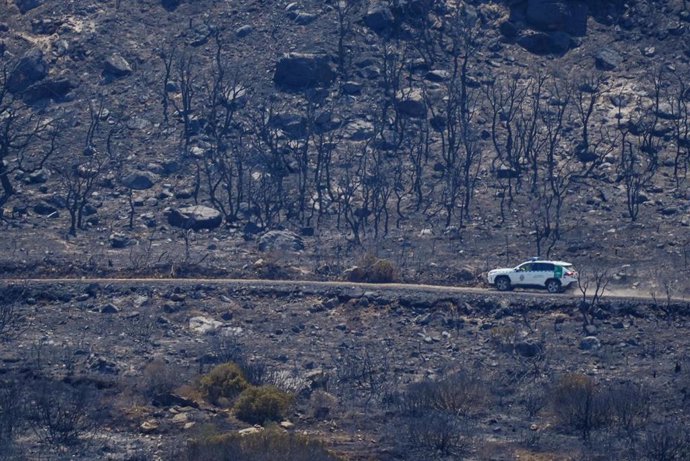 Un todo terreno del Infoca supervisa la zona quemada del fuego de Tarifa. A12 de agosto de 2025. en Tarifa, C&aacute;diz (Andaluc&iacute;a, Espa&ntilde;a).