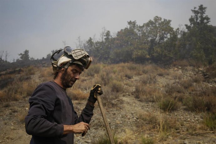 Un voluntario colabora en las tareas de extinci&oacute;n del fuego, a 19 de agosto de 2025, en Palacios de Compludo, Le&oacute;n.