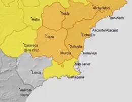 El Altiplano y la Vega del Segura tienen aviso naranja este martes por lluvias y tormentas