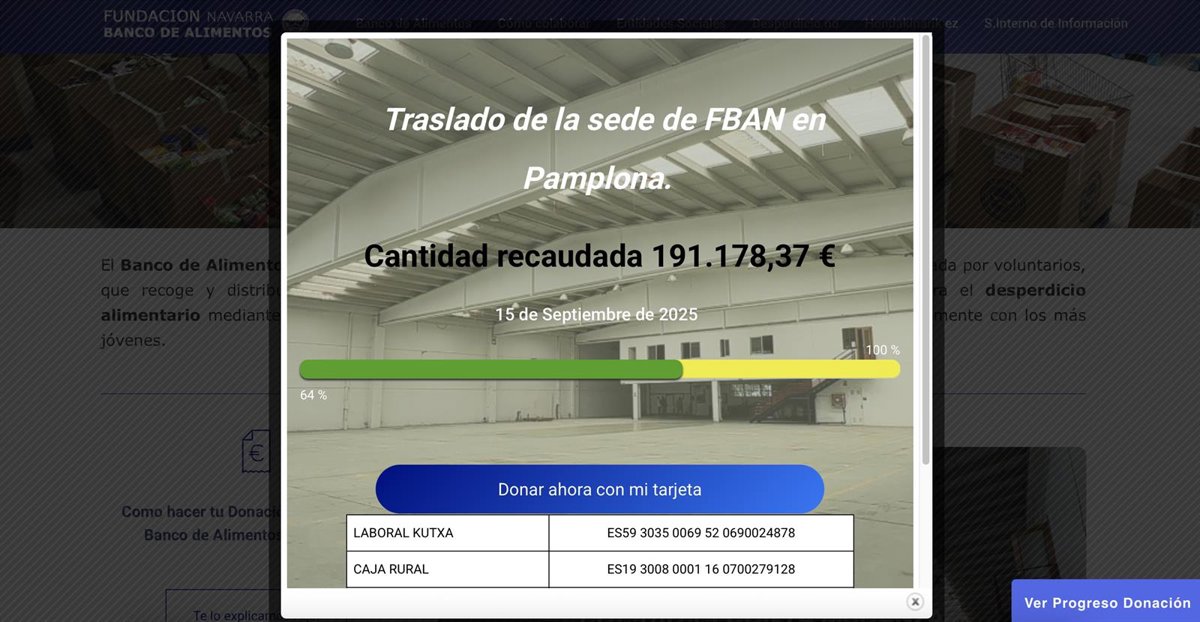 El Banco de Alimentos de Navarra alcanza el 65% de lo necesario para su traslado y solicita "un