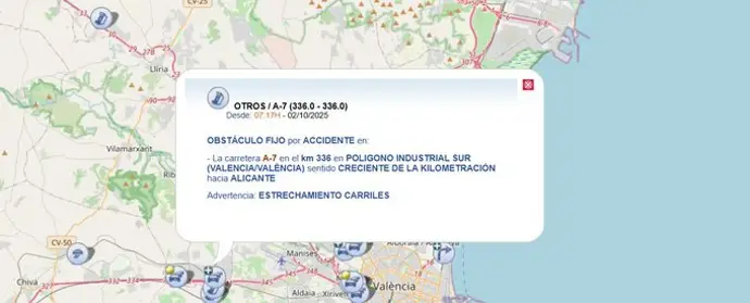 Un accidente en la A-7, a la altura de Riba-roja, causa el estrechamiento de carriles disponibles