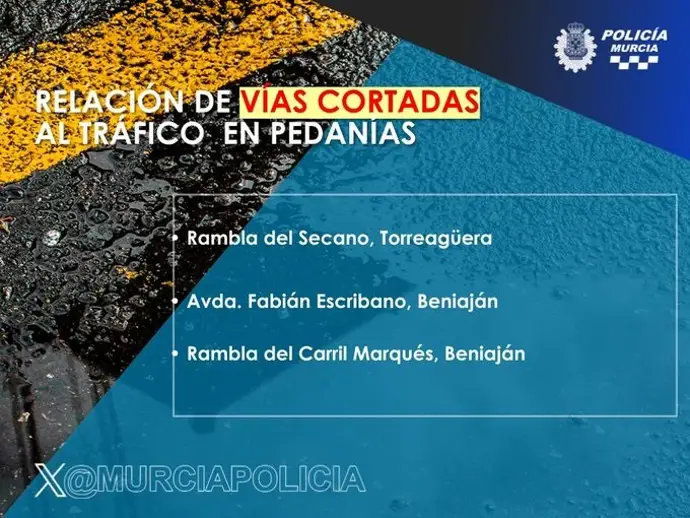 calles cerradas en las pedanías murcianas de beniaján y torreagüera por las fuertes lluvias