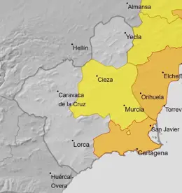 Campo de Cartagena, Mazarrón y la Vega del Segura seguirán recibiendo avisos de lluvia esta