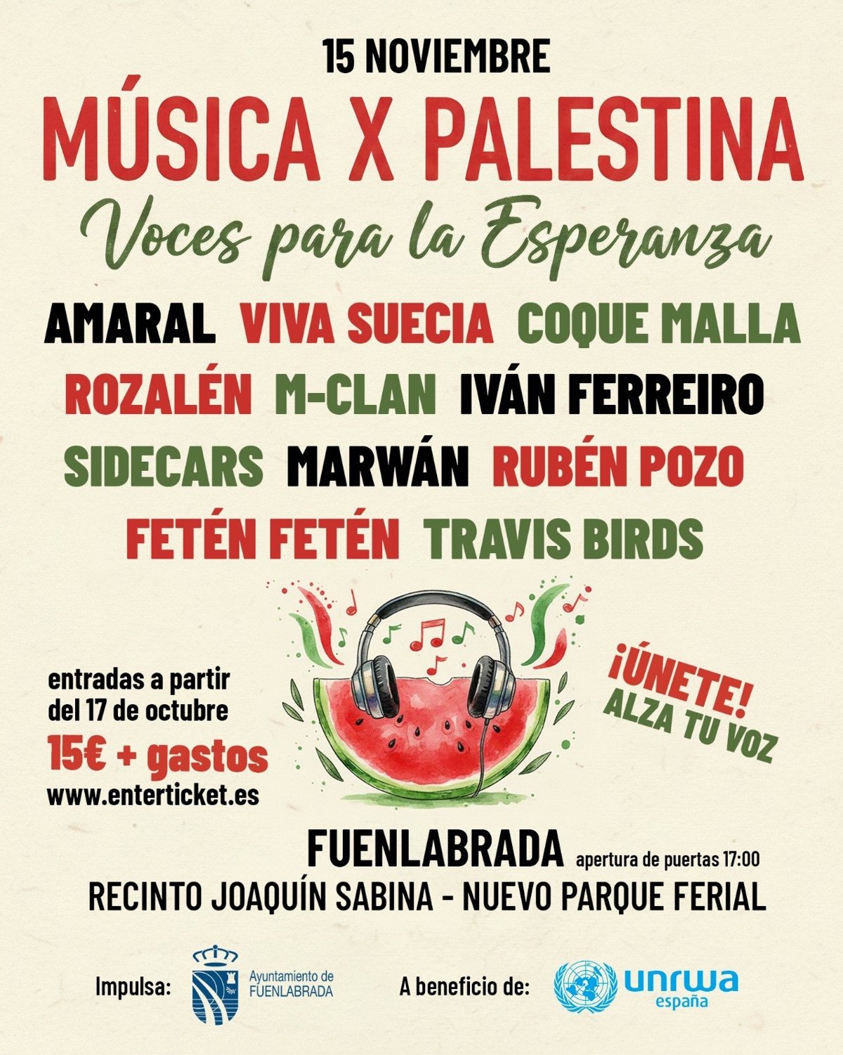 Cancelada la gala solidaria 'Música X Palestina' en Fuenlabrada por pronóstico de lluvia