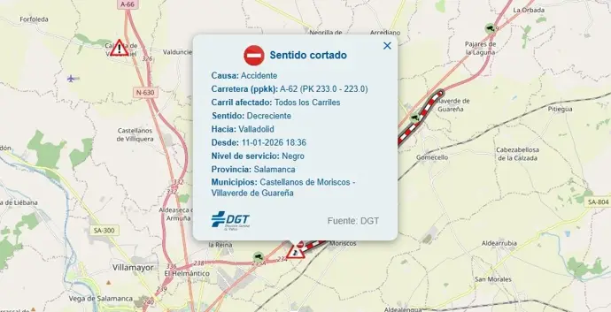 corte en la A-62 entre Salamanca y Villaverde de Guareña por accidente de dos camiones