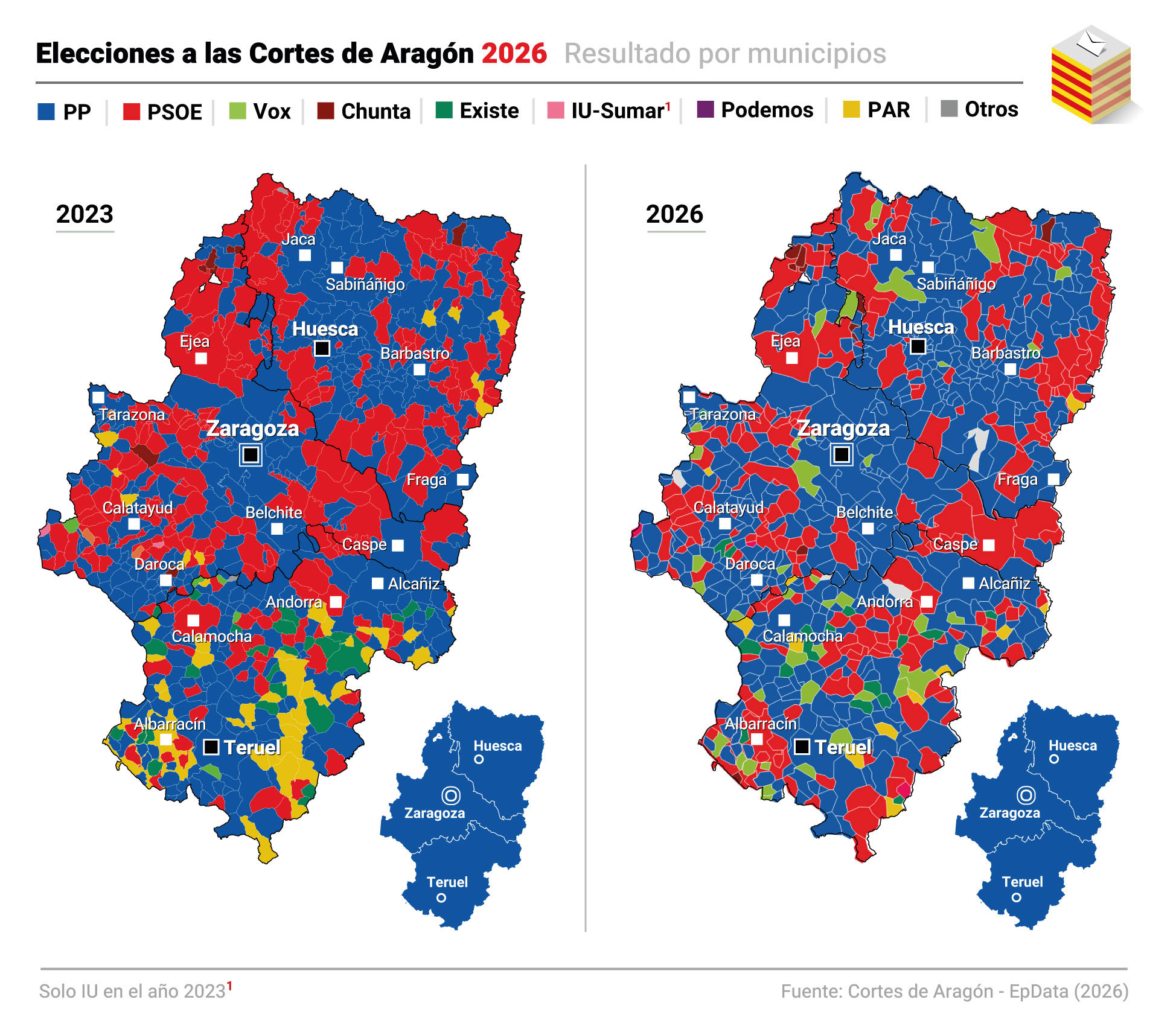 Resultados de las elecciones en Aragón, municipio por municipio.