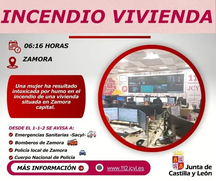 Una mujer de 88 años se intoxica por humo en un incendio de vivienda en Zamora
